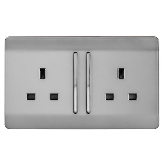 Trendi Switch 2 Gang Long Switched Plug Socketin Brushed Steel