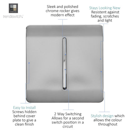 Trendi Switch 1 Gang 1 or 2 way Rocker Light Switch in Brushed Steel