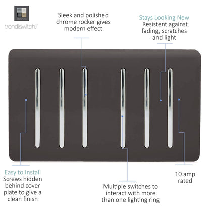 Trendi Switch 6 Gang 1 or 2 Way Light Switch in Dark Mocha Brown