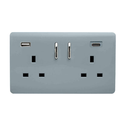 Trendi Switch 2 Gang USB 3100mA Type A & C USB Plug Socket in Cool Grey