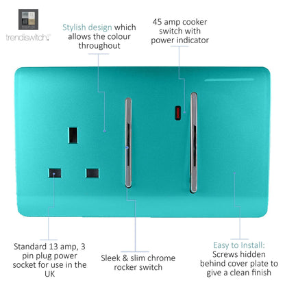 Trendi Switch 45 Amp Cooker Switch & 13 Amp Plug Socket with Neon in Bright Teal
