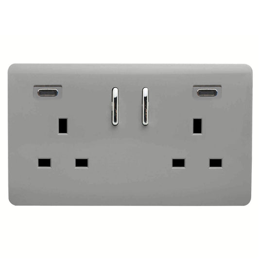 Trendi Switch 2 Gang USB 65W Type C USB Plug Socket in Light Grey