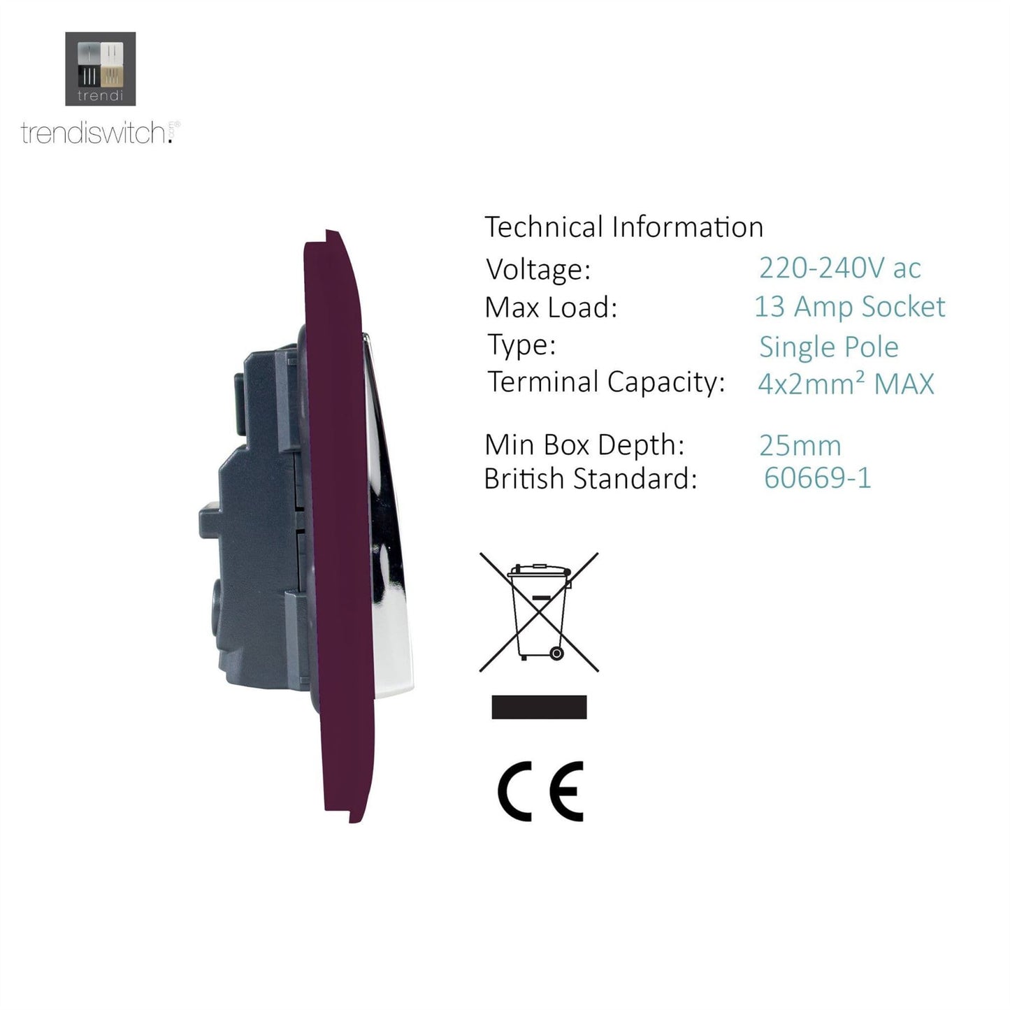 Trendi Switch 2 Gang Long Switched Plug Socketin Plum Purple