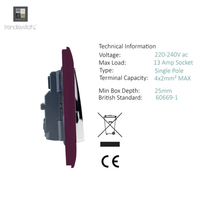 Trendi Switch 2 Gang Long Switched Plug Socket in Plum Purple