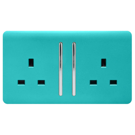 Trendi Switch 2 Gang Long Switched Plug Socketin Bright Teal