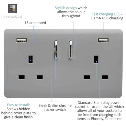 Trendi Switch 2 Gang USB 3100mA Plug Socket in Light Grey