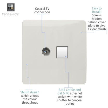 Trendi Switch 2 Gang Female TV Co-Axial & RJ45 Cat 5e PC Ethernet Sockets in Ice White
