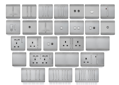 Trendi 4 Gang 2 Way 240V 100w LED Dimmer Screwless Raised Front Plate Plastic Artistic Modern Glossy 10 Amp Chrome Single Electrical Wall Light Switch in Brushed Steel - ART-4LDMBS
