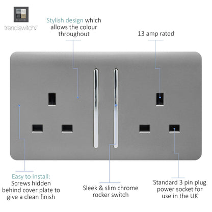 Trendi Switch 2 Gang Long Switched Plug Socket in Light Grey