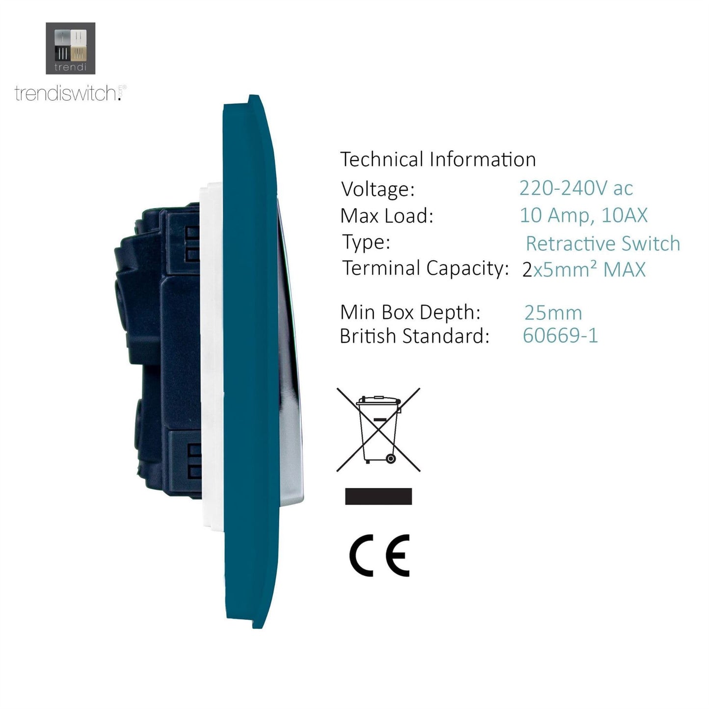 Trendi Switch 2 Gang Retractive Doorbell Switchin Midnight Blue