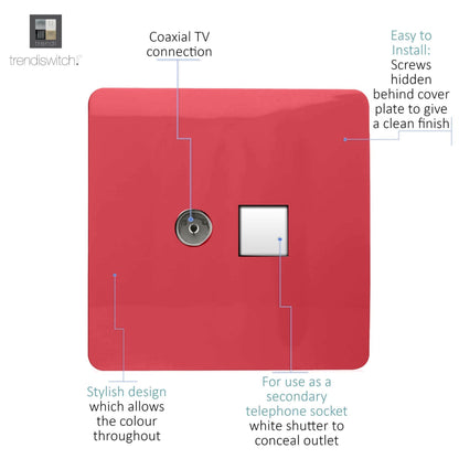 Trendi Switch 2 Gang Female TV Co-Axial & Telephone Slave Sockets in Strawberry Red