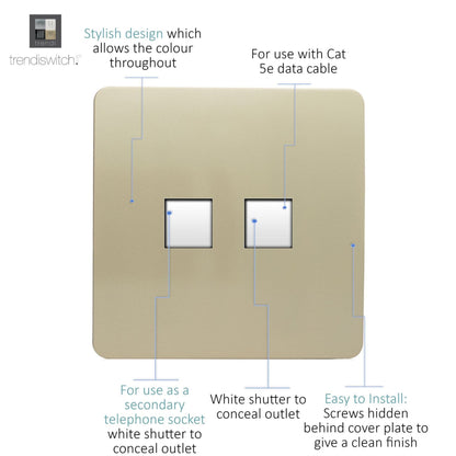 Trendi Switch 2 Gang RJ45 Cat 5e PC Ethernet & Telephone Slave Sockets in Champagne Gold