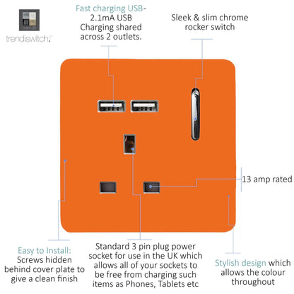 Trendi Switch 1 Gang USB 2100mA Plug Socket in Sunset Orange