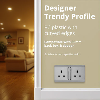 Trendi Switch 2 Gang Long Switched Plug Socket in Brushed Steel
