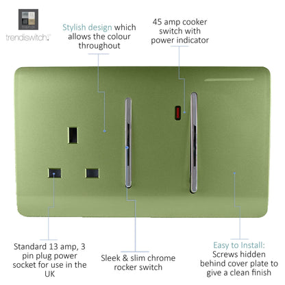 Trendi Switch 45 Amp Cooker Switch & 13 Amp Plug Socket with Neon in Moss Green