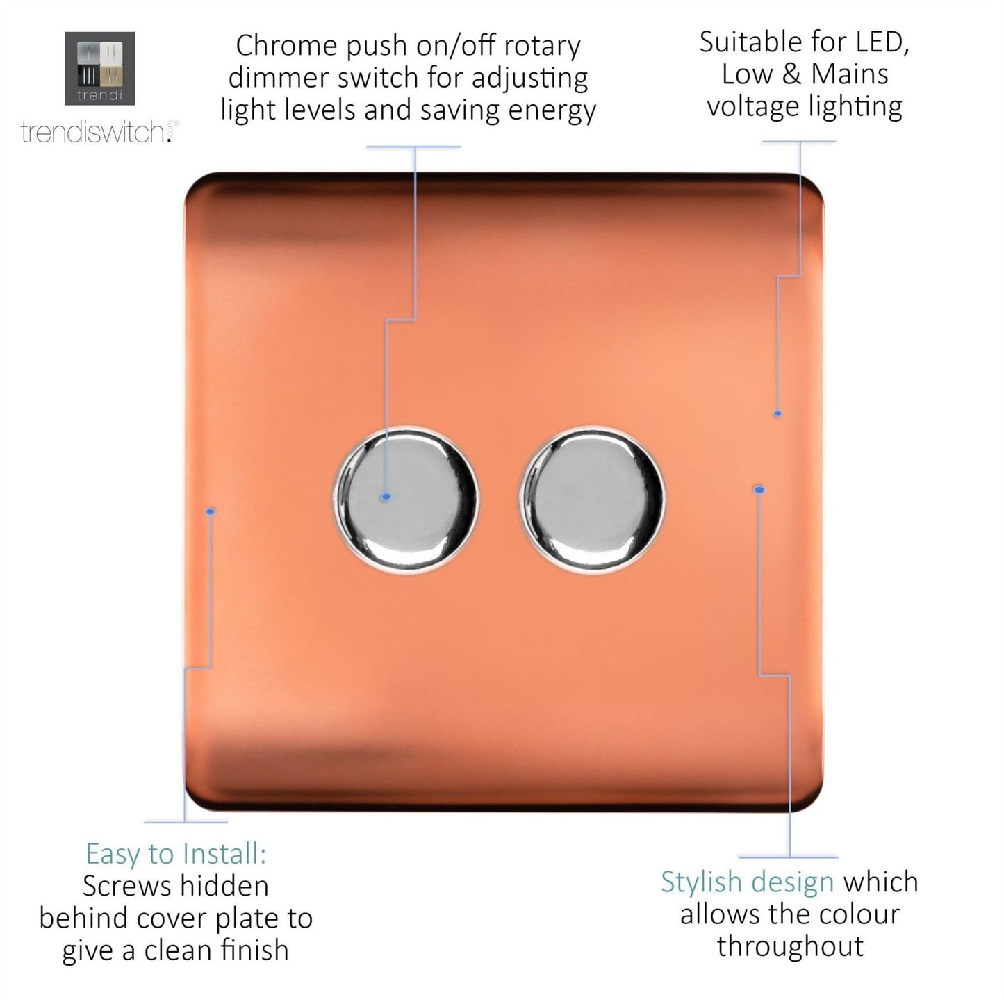 Trendi Switch 2 Gang 1 or 2 way 150w Rotary LED Dimmer Light Switchin Copper