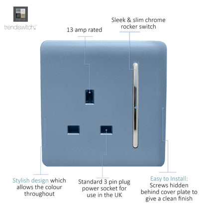 Trendi Switch 1 Gang 13 Amp Switched Plug Socket in Sky Blue