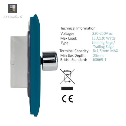 Trendi 2 Gang 2 Way 240V 100w LED Dimmer Screwless Raised Front Plate Plastic Artistic Modern Glossy 10 Amp Chrome Single Electrical Wall Light Switch in Ocean Blue - ART-2LDMOB