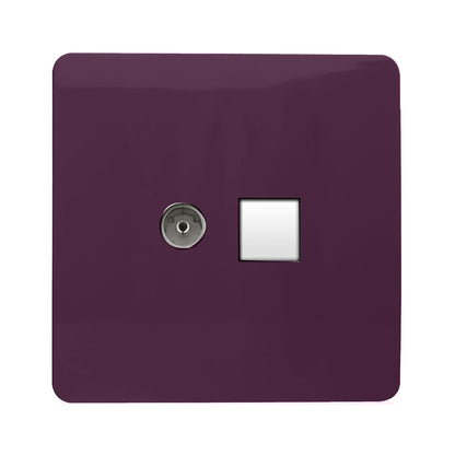 Trendi Switch 2 Gang Female TV Co-Axial & RJ45 Cat 5e PC Ethernet Sockets in Plum Purple