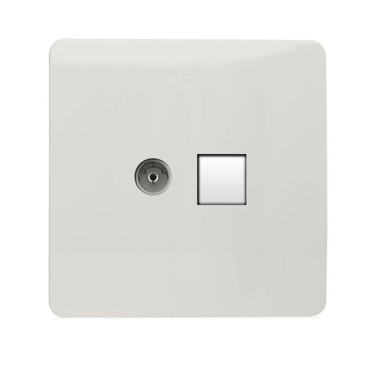 Trendi Switch 2 Gang TV Co-Axial & RJ45 Cat 6 Modern Designer PC Ethernet Socketsin Ice White