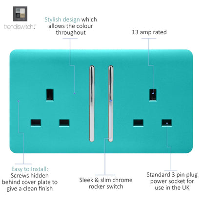 Trendi Switch 2 Gang Long Switched Plug Socket in Bright Teal
