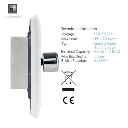 Trendi 1 Gang 2 Way 150w LED Dimmer Screwless 10 Amp Wall Light Switch in Matt White - ART-LDM150WMWH