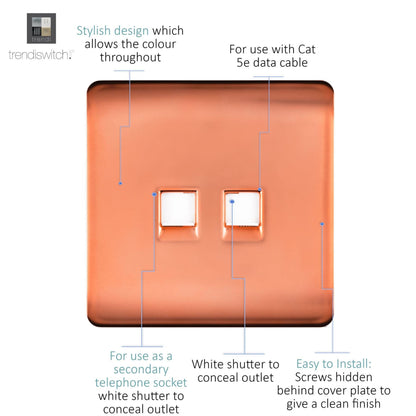 Trendi Switch 2 Gang RJ45 Cat 5e PC Ethernet & Telephone Slave Sockets in Copper