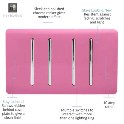 Trendi Switch 4 Gang Light Switch (3x 1 or 2 Way & 1 x Intermediate)in Candy Pink