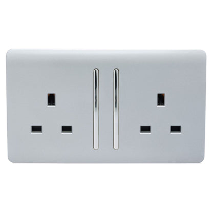 Trendi Switch 2 Gang Long Switched Plug Socket in Platinum Silver