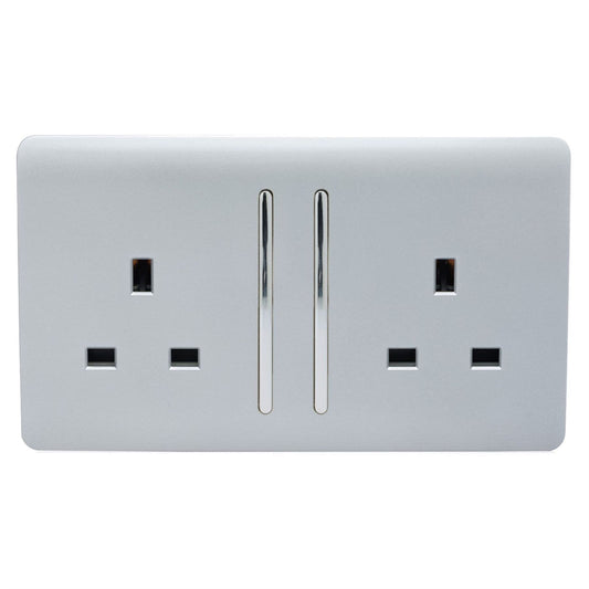 Trendi Switch 2 Gang Long Switched Plug Socketin Platinum Silver