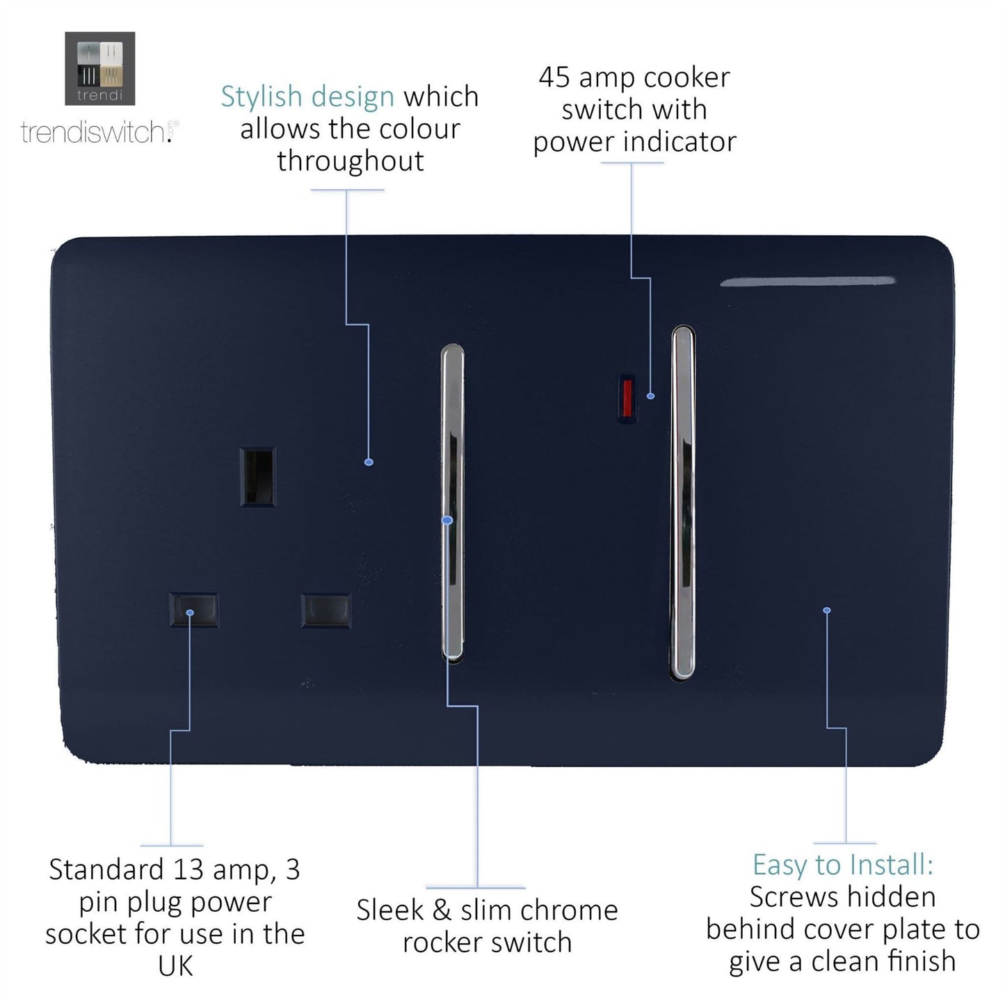 Trendi Switch 45 Amp Cooker Switch & 13 Amp Plug Socket with Neonin Navy Blue