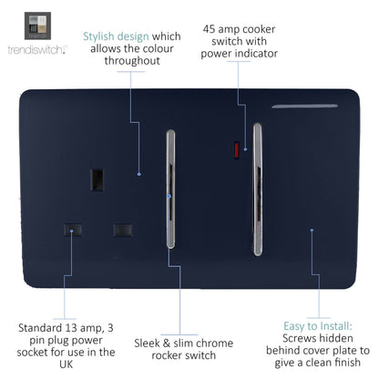 Trendi Switch 45 Amp Cooker Switch & 13 Amp Plug Socket with Neon in Navy Blue