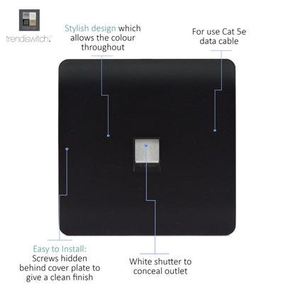 Trendi Switch 1 Gang RJ45 Cat 5e PC Ethernet Socket in Matt Black