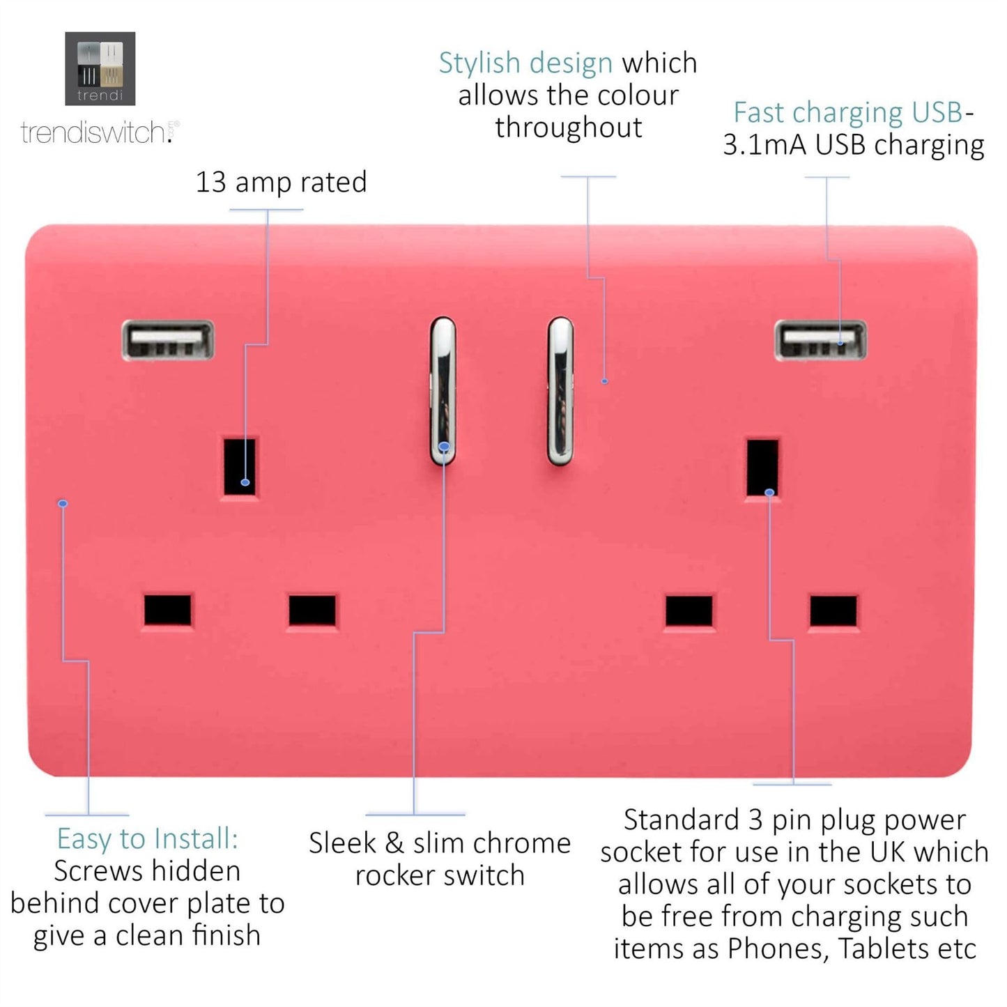 Trendi Switch 2 Gang USB 3100mA Plug Socketin Strawberry Red