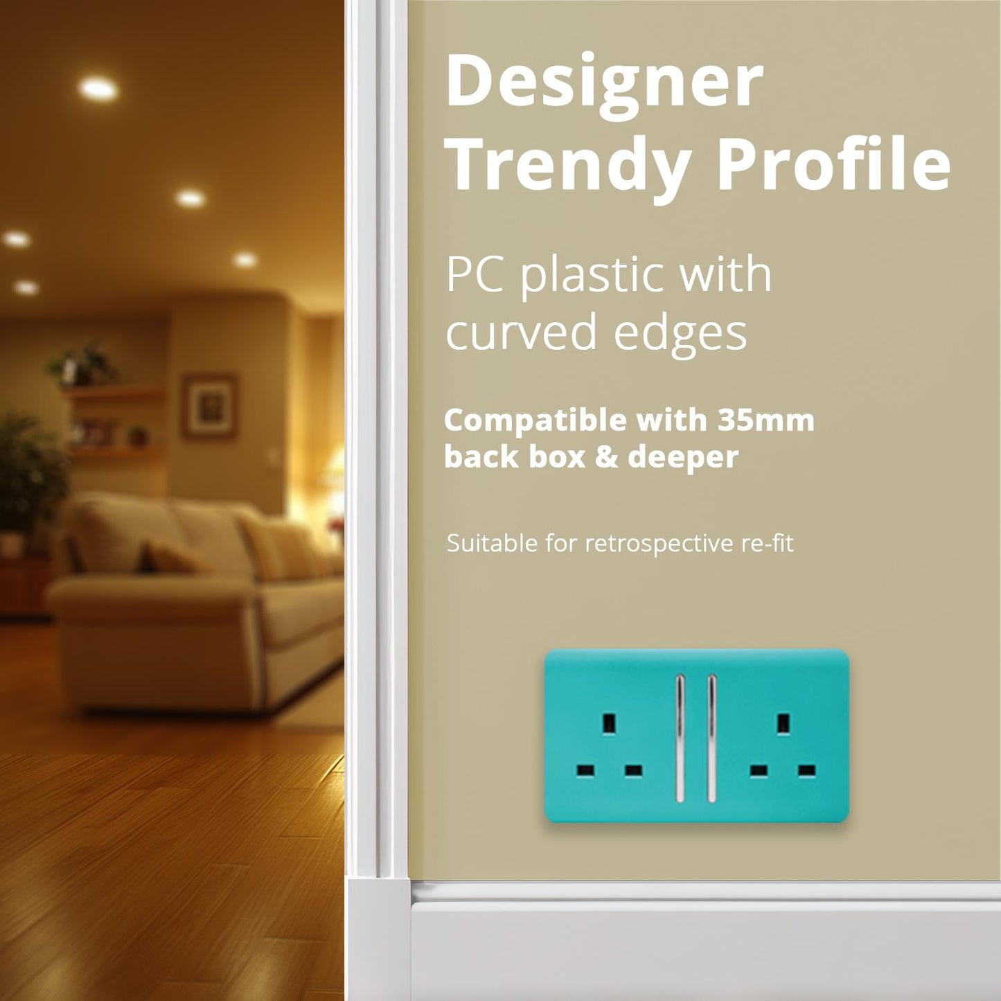 Trendi Switch 2 Gang Long Switched Plug Socketin Bright Teal