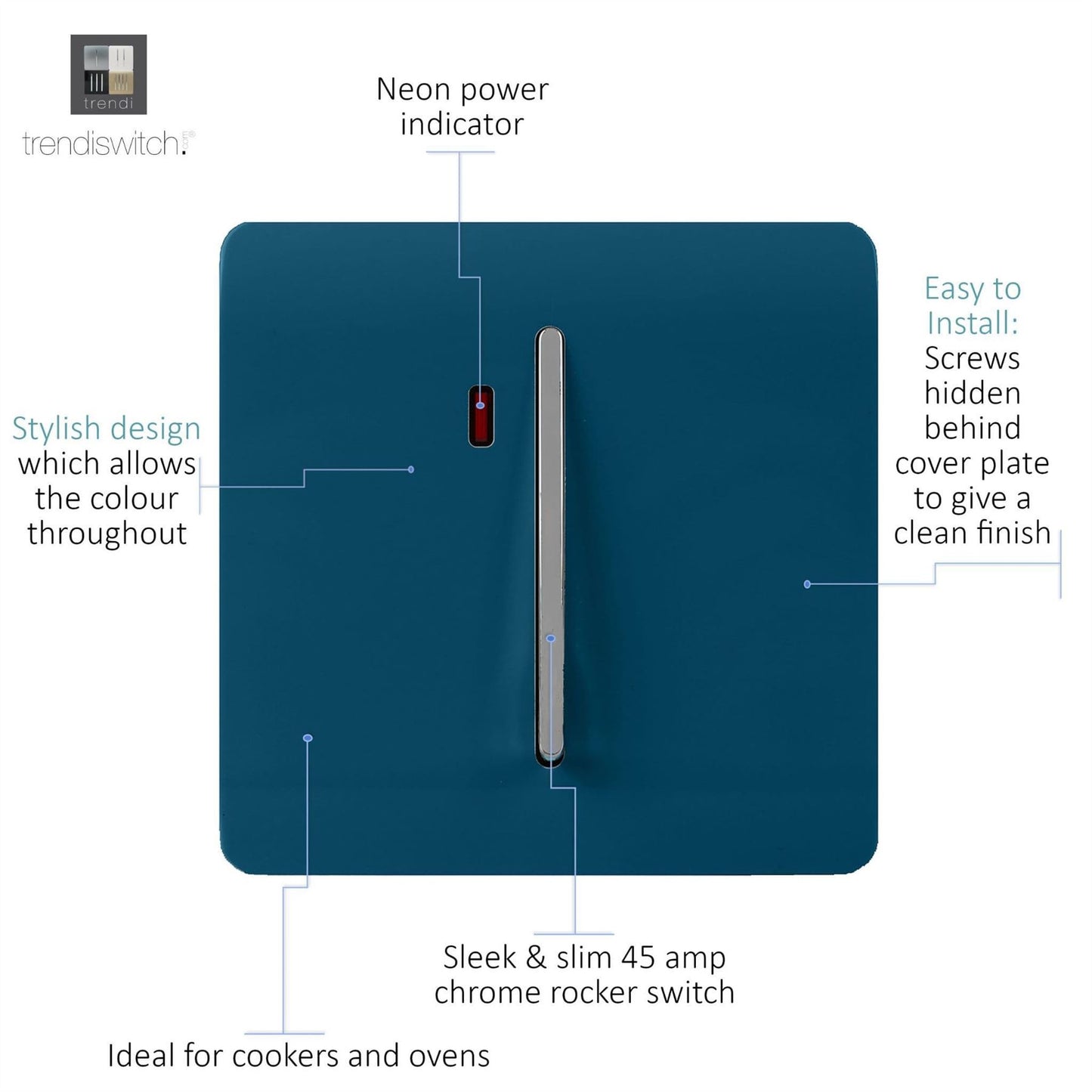 Trendi Switch 1 Gang 45 Amp Cooker Switch with Neonin Midnight Blue