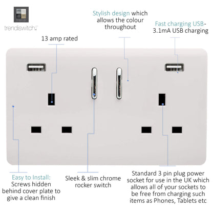 Trendi Switch 2 Gang USB 3100mA Plug Socket in Ice White