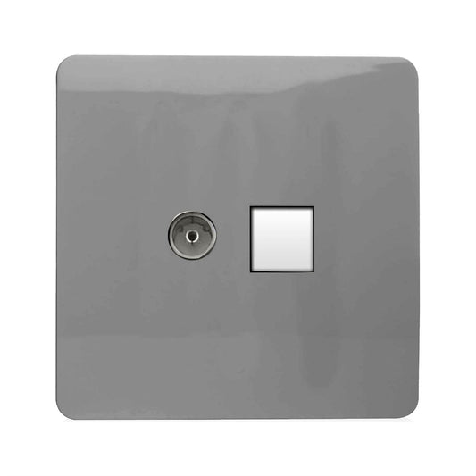 Trendi Switch 2 Gang Female TV Co-Axial & RJ45 Cat 5e PC Ethernet Socketsin Light Grey