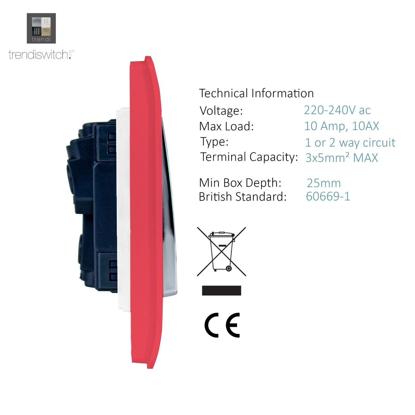 Trendi Switch 8 Gang 1 or 2 Way Light Switchin Strawberry Red