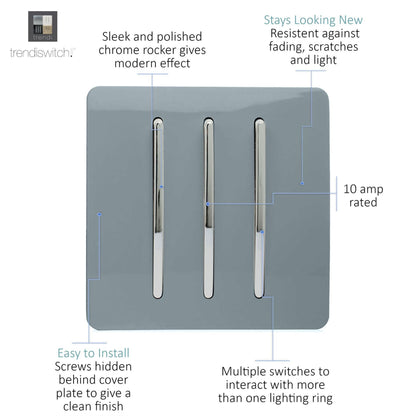 Trendi Switch 3 Gang 1 or 2 way Rocker Light Switch in Cool Grey