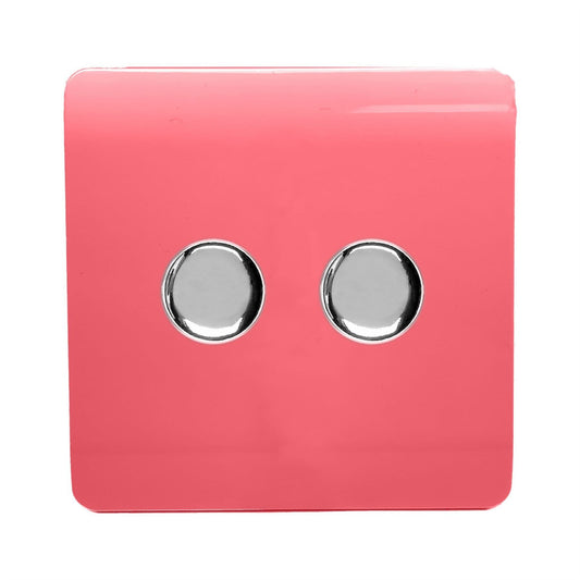Trendi 2 Gang 2 Way 240V 100w LED Dimmer Screwless Raised Front Plate Plastic Artistic Modern Glossy 10 Amp Chrome Single Electrical Wall Light Switch in Strawberry Red - ART-2LDMSB