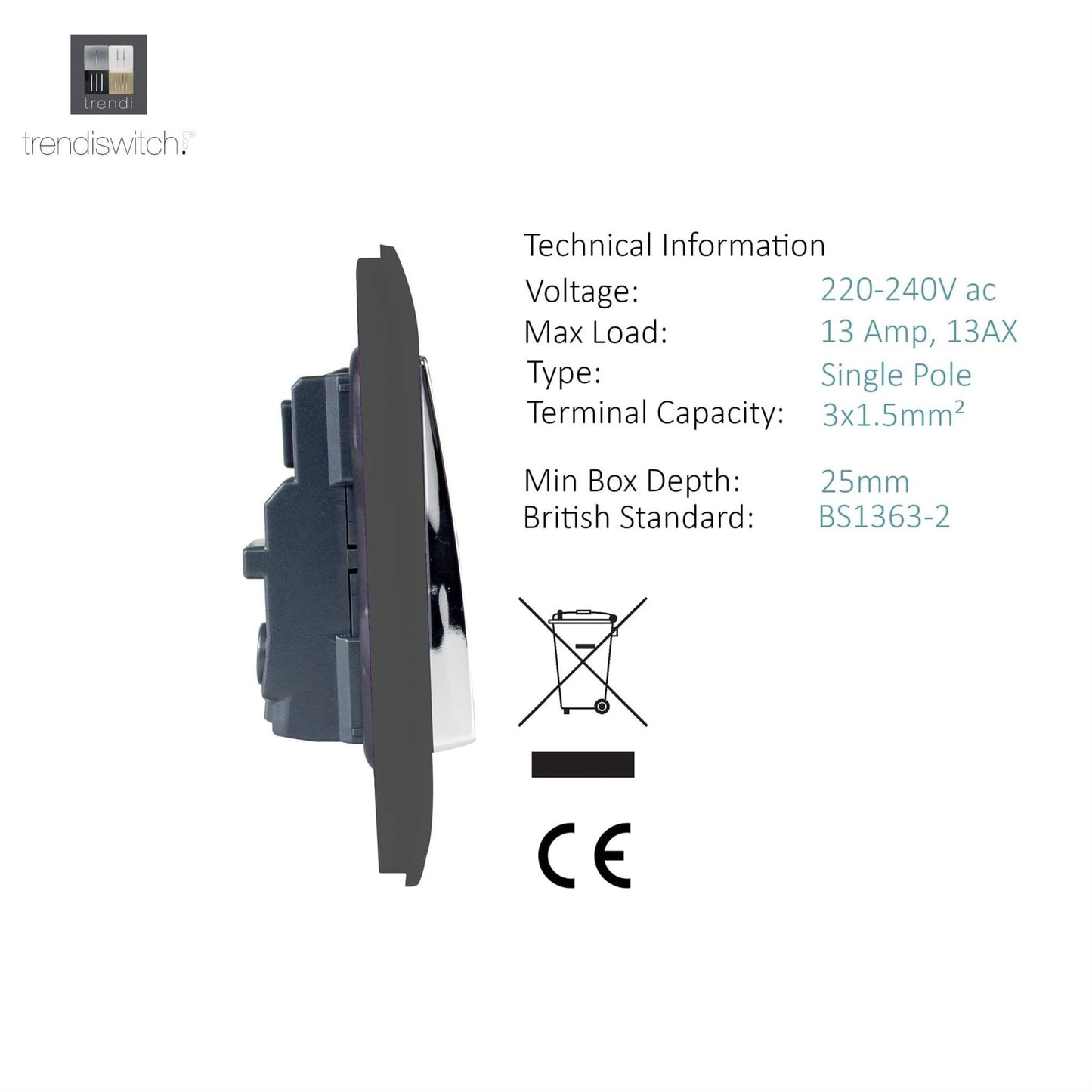 Trendi Switch 1 Gang 13 Amp Switched Plug Socketin Charcoal Grey