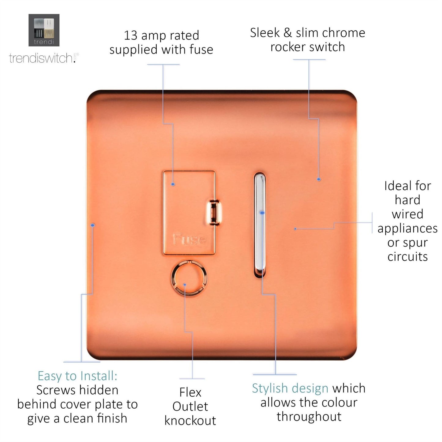 Trendi Switch 13 Amp Fused Spur with Flex Outletin Copper