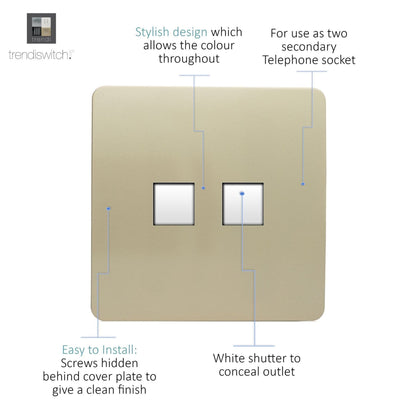 Trendi Switch 2 Gang Cat 3 Telephone Slave Socket in Champagne Gold