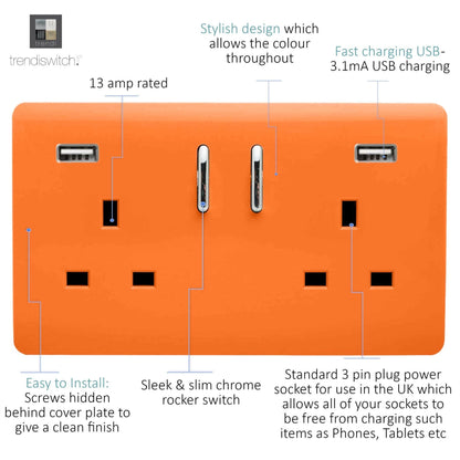 Trendi Switch 2 Gang USB 3100mA Plug Socket in Sunset Orange