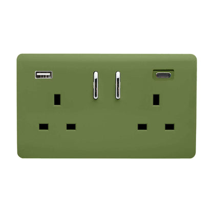 Trendi Switch 2 Gang USB 3100mA Type A & C USB Plug Socket in Moss Green