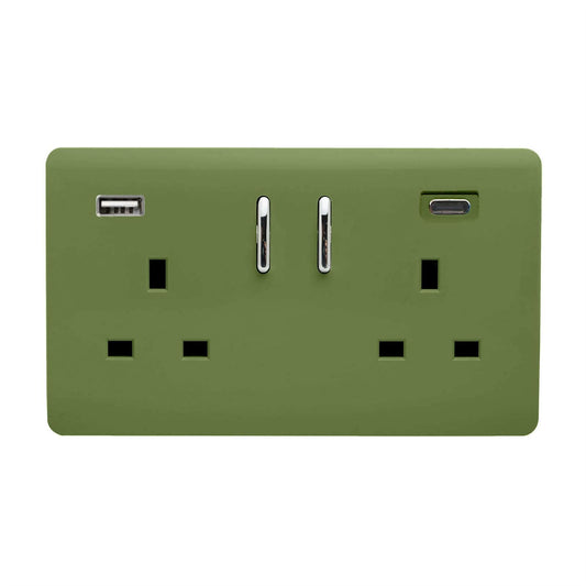 Trendi Switch 2 Gang USB 3100mA Type A & C USB Plug Socketin Moss Green