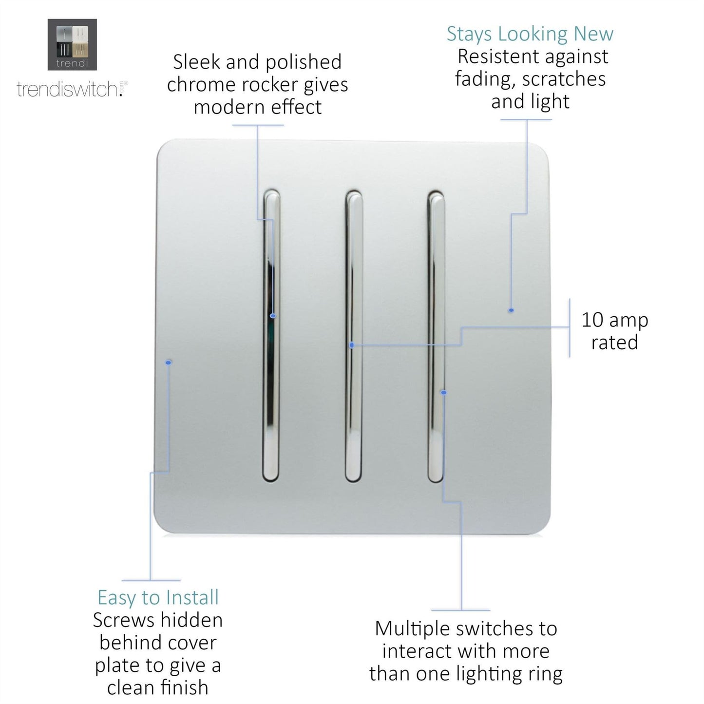 Trendi Switch 3 Gang 1 or 2 way Rocker Light Switch in Platinum Silver