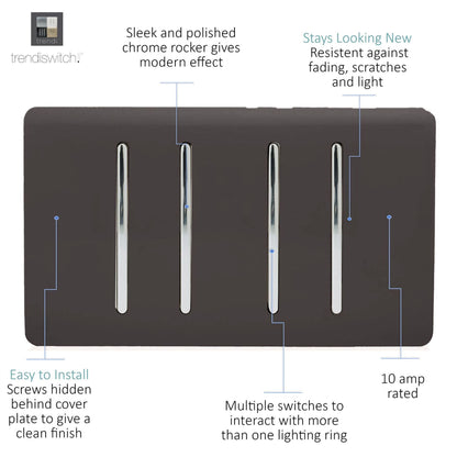 Trendi Switch 4 Gang 1 or 2 Way Light Switch in Dark Mocha Brown