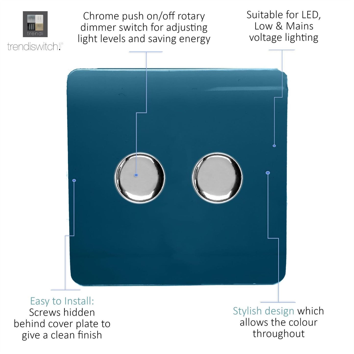 Trendi Switch 2 Gang 1 or 2 way 150w Rotary LED Dimmer Light Switchin Midnight Blue